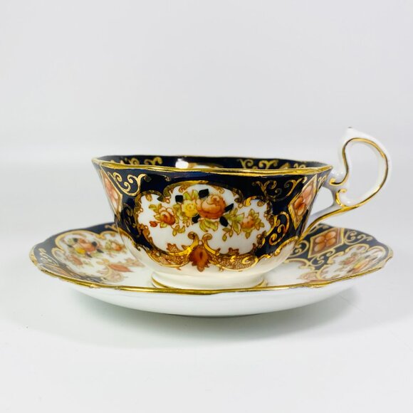 Cobalt Blue Floral Royal Crown Albert Alhambra Cup and Saucer Gold Trim England - Picture 2 of 6